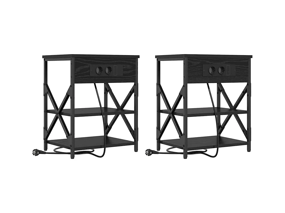 Mesita de Noche | Mesa auxiliar con Estación de Carga con estante Roble negro