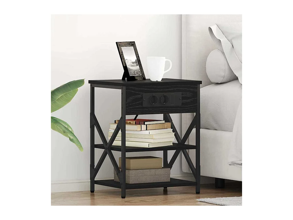 Mesita de Noche | Mesa auxiliar con Estación de Carga con estante Roble negro