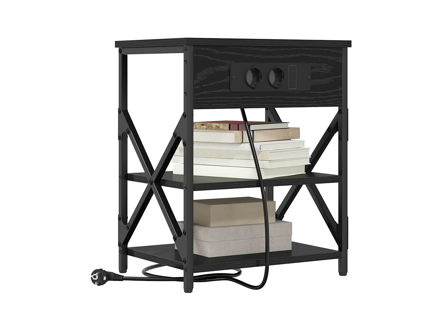 Mesita de Noche | Mesa auxiliar con Estación de Carga con estante Roble negro