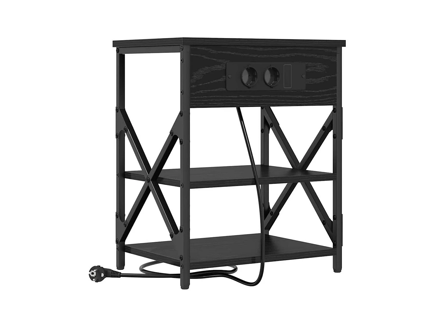 Mesita de Noche | Mesa auxiliar con Estación de Carga con estante Roble negro