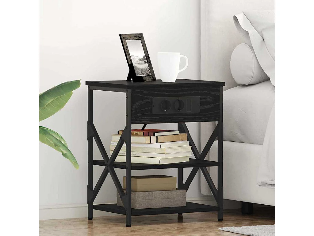 Table de nuit avec station de chargement 2 pcs Chêne noir