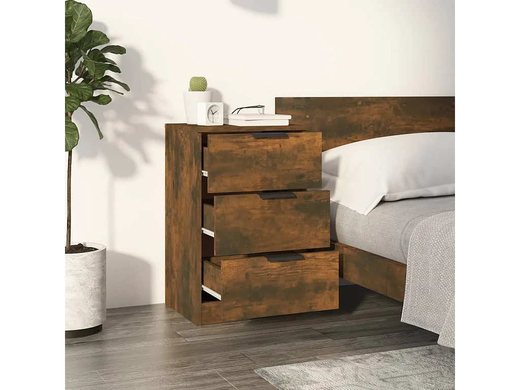 Nachttisch 2er Set-Beistelltisch-Nachttischkommode Räuchereiche 40x36x65 cm SHL66738