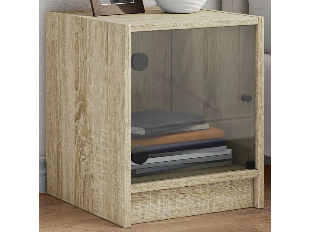 Mesitas de noche | Mesilla de noche con puertas vidrio 2 uds roble Sonoma 35x37x42 cm