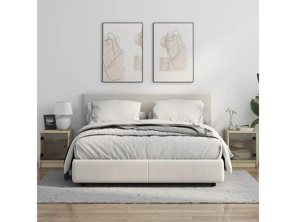 Mesitas de noche | Mesilla de noche con puertas vidrio 2 uds roble Sonoma 35x37x42 cm