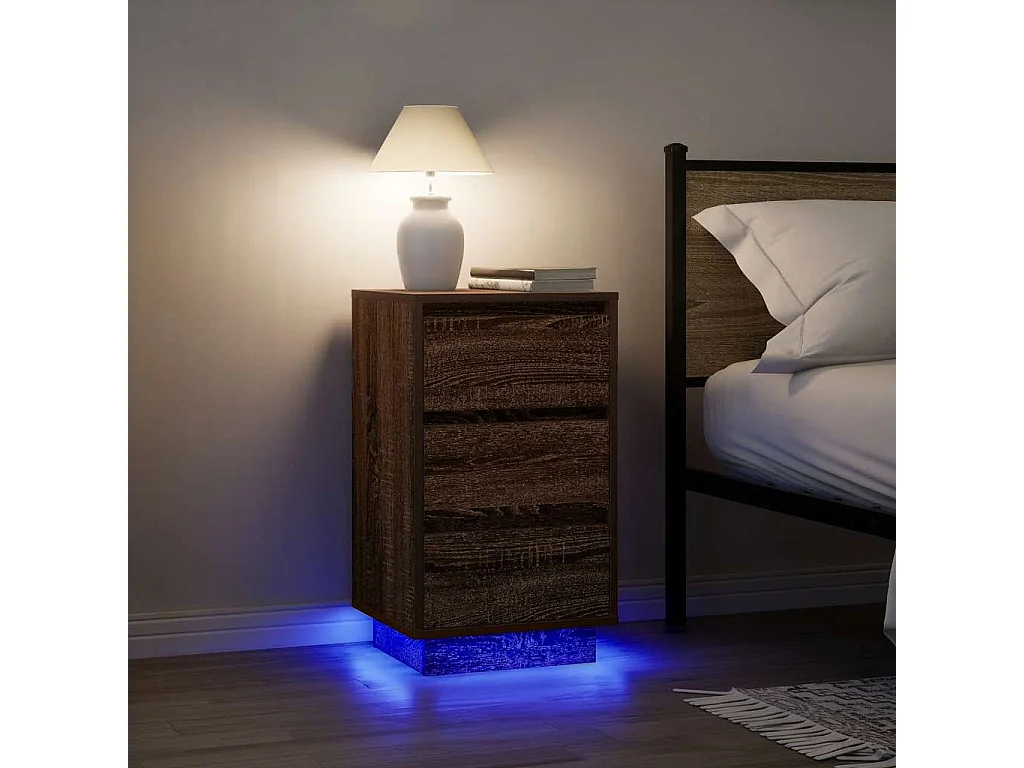 Nachttisch-Beistelltisch mit LED-Leuchten Braun Eichen-Optik 38x34x65 cm SHL52418