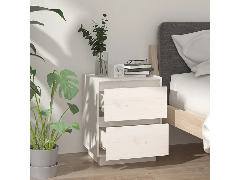 Nachttisch 2er Set-Beistelltisch-Nachttischkommode Weiß 40x35x50 cm Massivholz Kiefer SHL56463