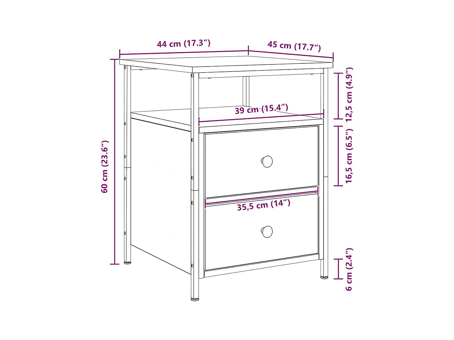 Mesita de Noche | Mesa auxiliar con cajón 2 uds. Roble negro 44x45x60 cm