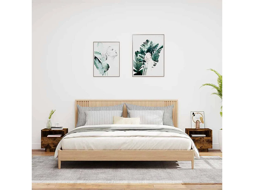 Mesitas de noche | Mesilla de noche con luces LED 2 uds roble ahumado 40x39x37 cm