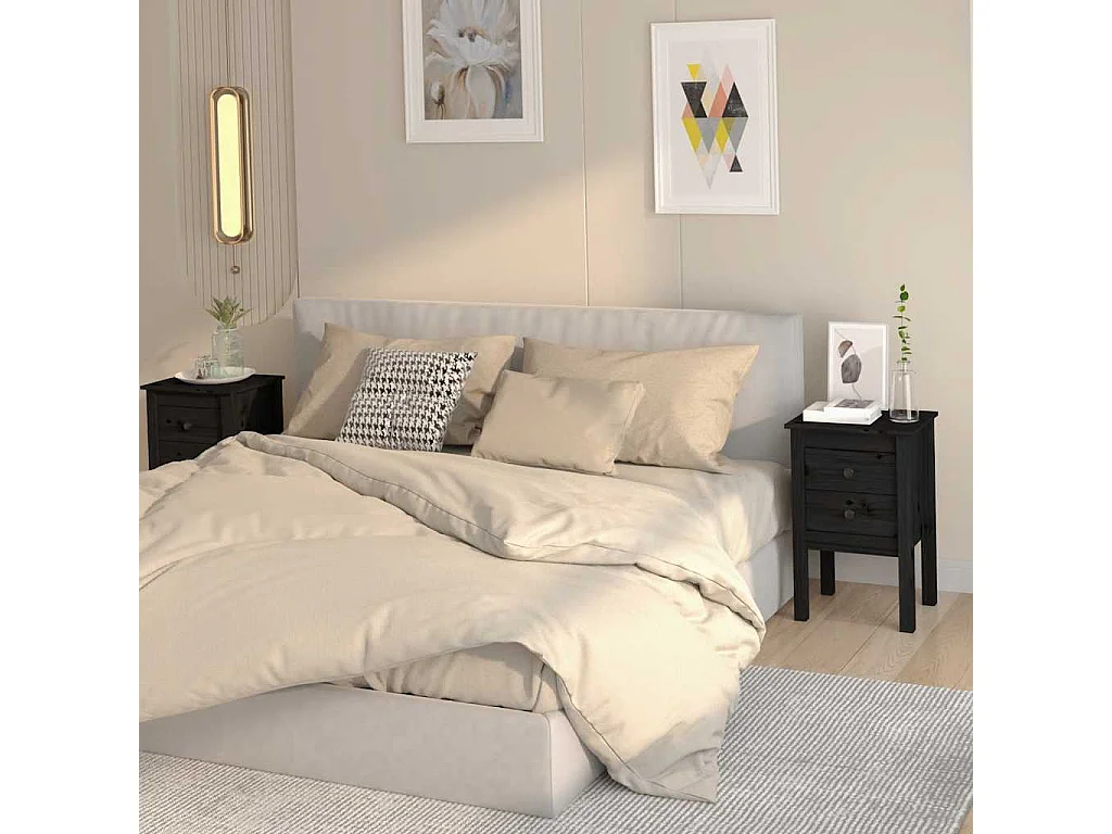 Nachttisch 2er Set-Beistelltisch-Nachttischkommode Schwarz 40x35x61,5 cm Massivholz Kiefer SHL42959