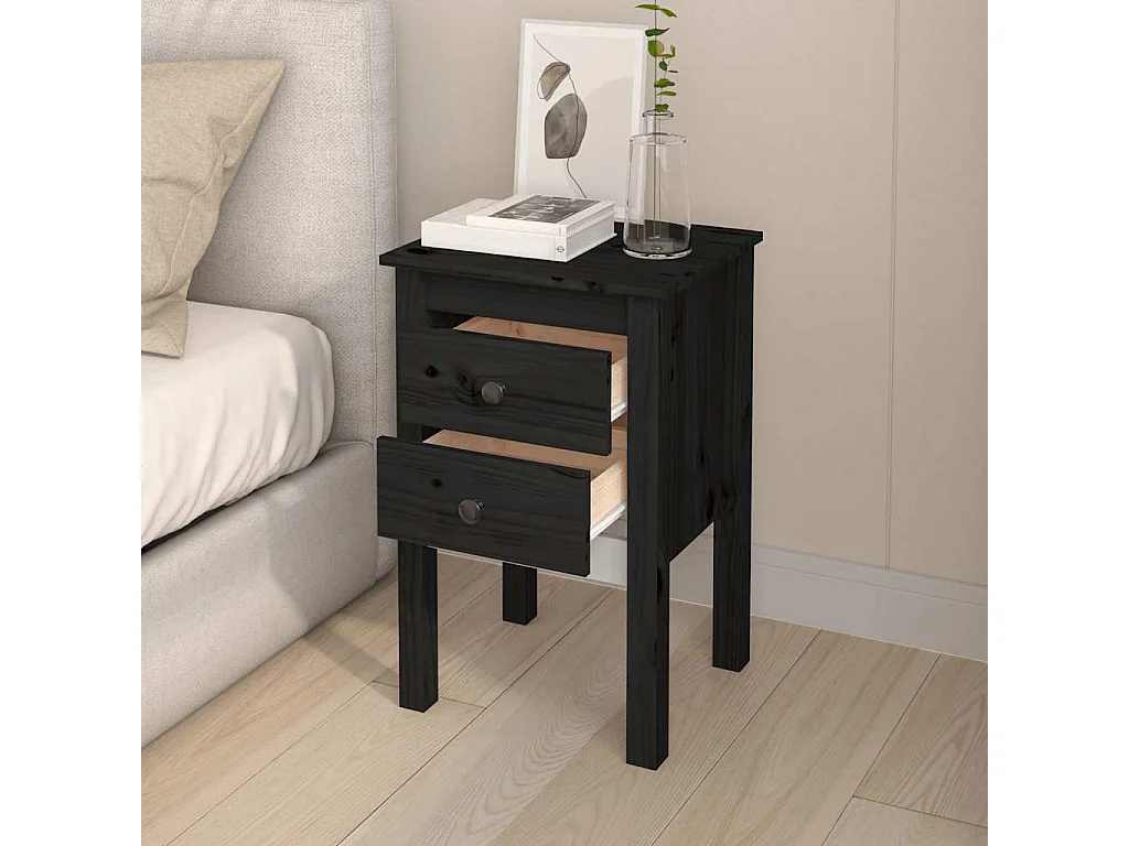 Nachttisch 2er Set-Beistelltisch-Nachttischkommode Schwarz 40x35x61,5 cm Massivholz Kiefer SHL42959