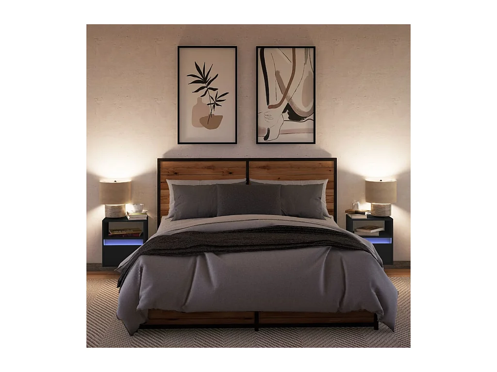 Mesitas de noche | Mesilla de noche de pared con luces LED 2 unidades negro