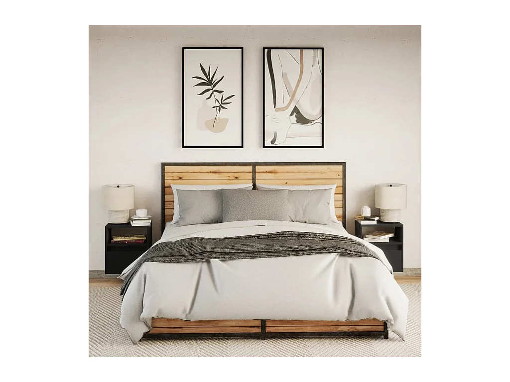 Mesitas de noche | Mesilla de noche de pared con luces LED 2 unidades negro