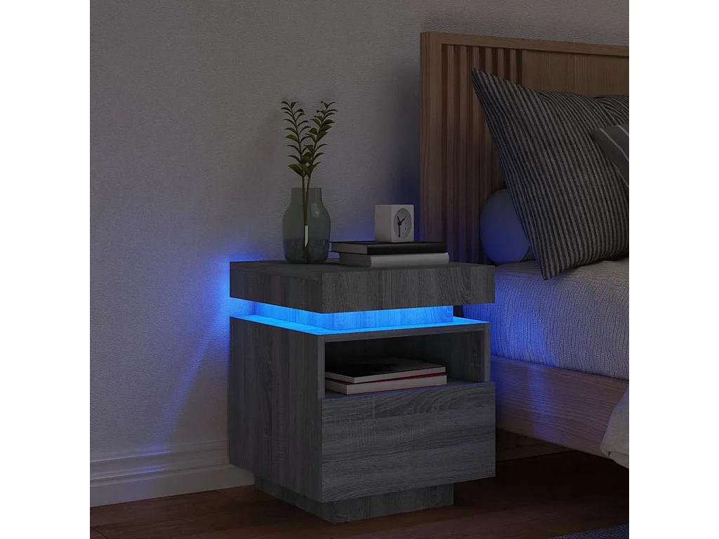 Nachttisch-Beistelltisch-Nachtschrank mit LED-Leuchten Grau Sonoma 40x39x48,5 cm SHL868