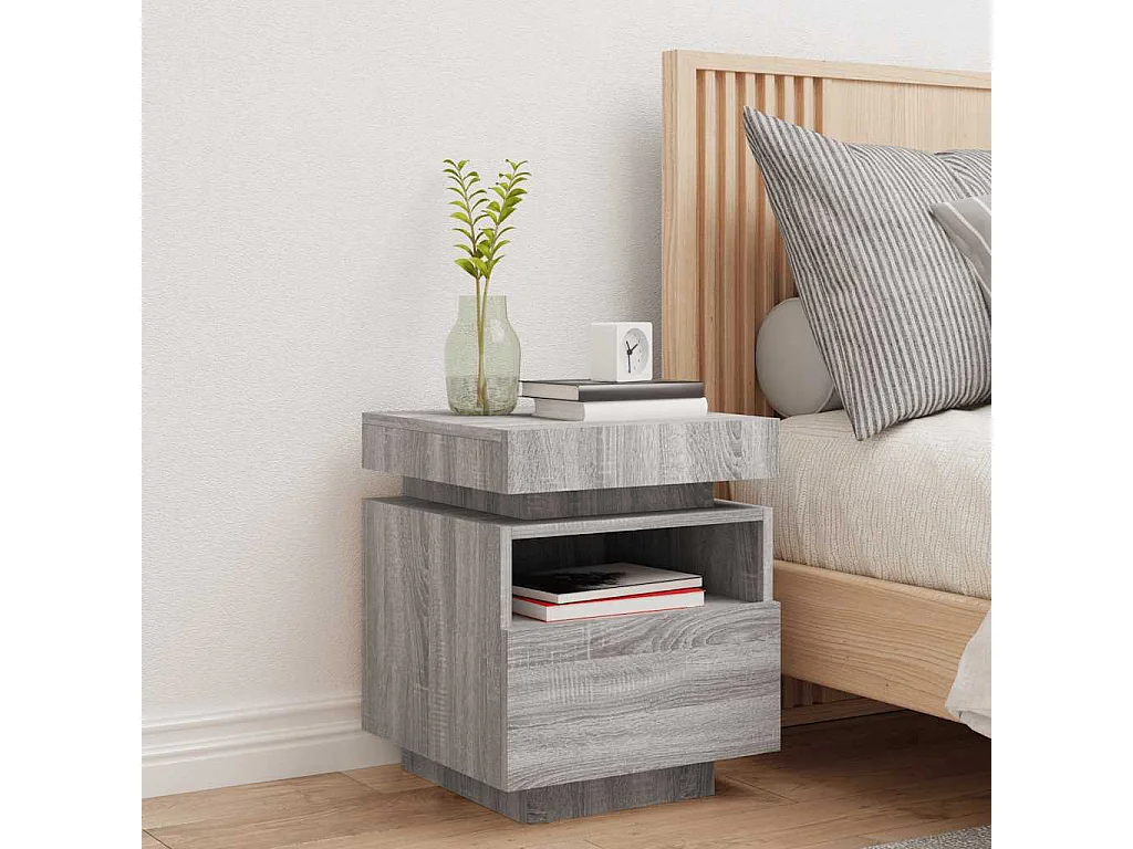 Nachttisch-Beistelltisch-Nachtschrank mit LED-Leuchten Grau Sonoma 40x39x48,5 cm SHL868