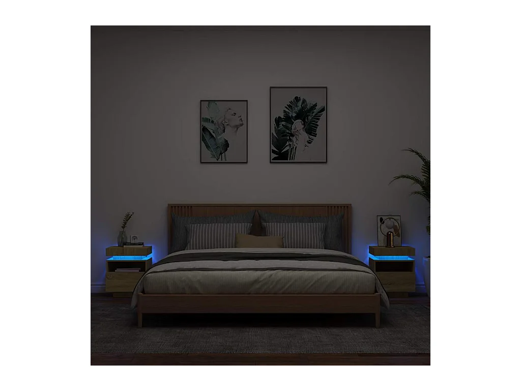 Pack 2 uds Mesitas de noche | Mesilla de noche con luces LED roble Sonoma 40x39x48,5 cm