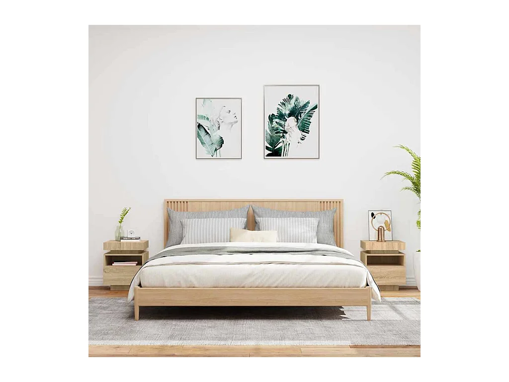 Pack 2 uds Mesitas de noche | Mesilla de noche con luces LED roble Sonoma 40x39x48,5 cm