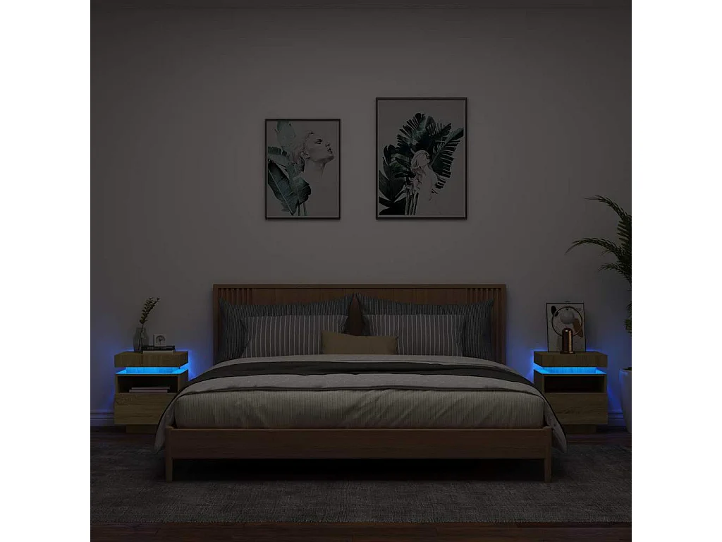 Nachttische mit LED-Leuchten 2er Set | Beistelltisch Sonoma Eiche 40x39x48,5 cm SHL22469