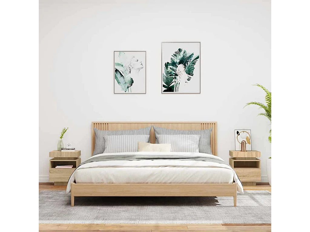 Nachttische mit LED-Leuchten 2er Set | Beistelltisch Sonoma Eiche 40x39x48,5 cm SHL22469