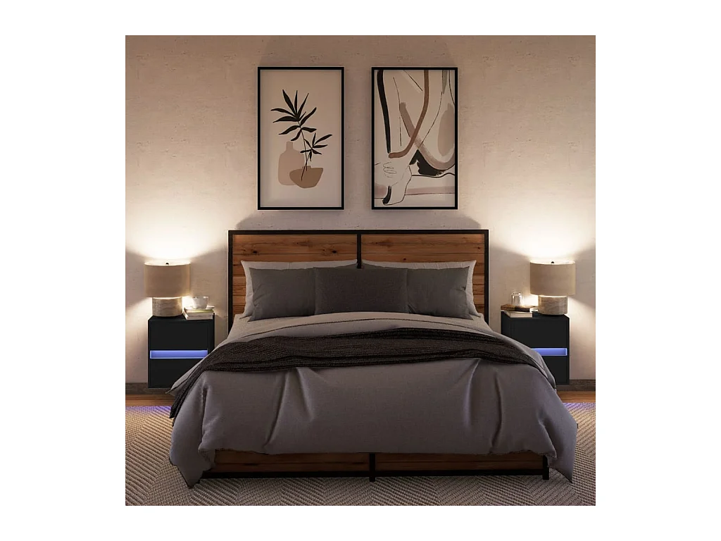 Mesitas de noche | Mesilla de noche de pared con luces LED 2 unidades negro