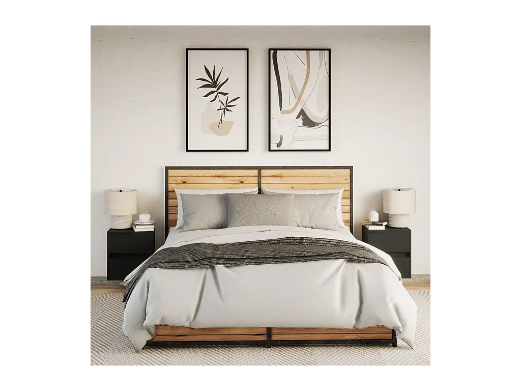 Mesitas de noche | Mesilla de noche de pared con luces LED 2 unidades negro