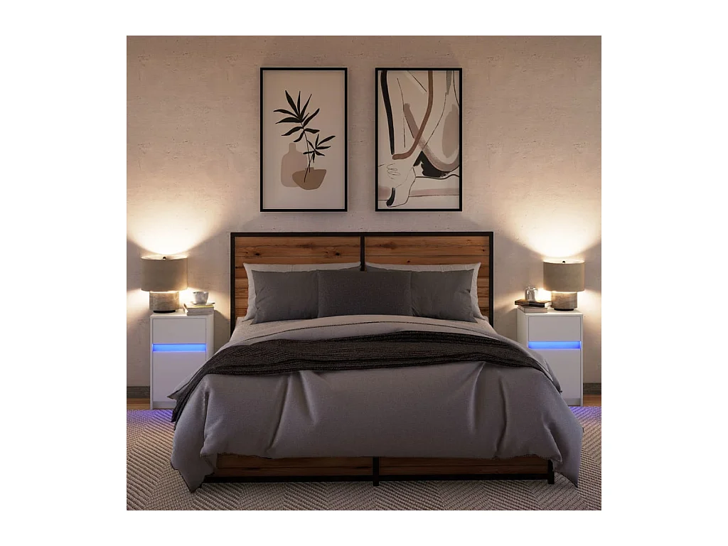 Mesitas de noche | Mesilla de noche con luces LED 2 uds madera ingeniería blanca