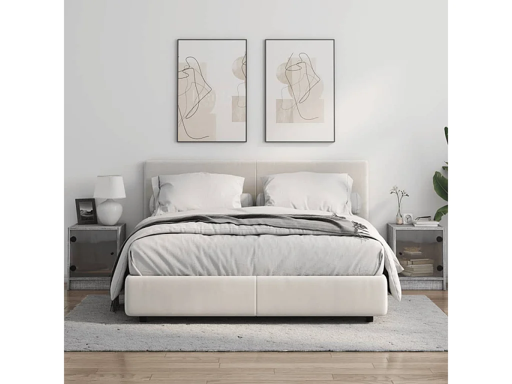 Nachttisch 2er Set-Beistelltisch mit Glastüren Grau Sonoma 35x37x42 cm SHL27392