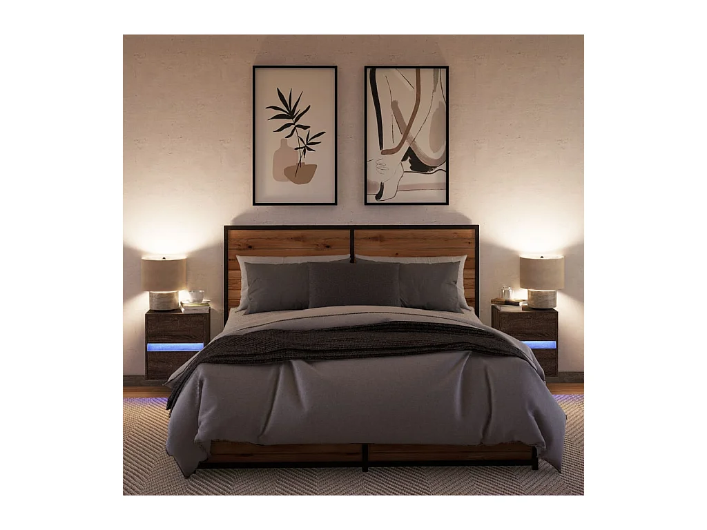 Mesitas de noche | Mesilla de noche de pared con luces LED 2 unidades roble marrón