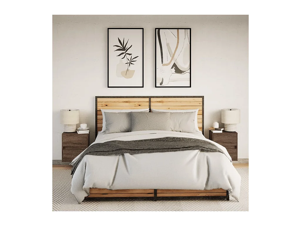 Mesitas de noche | Mesilla de noche de pared con luces LED 2 unidades roble marrón