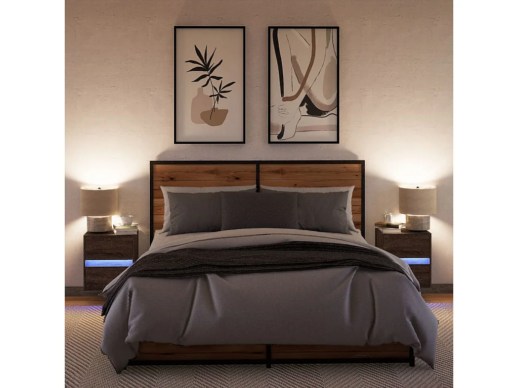 Nachttisch hängend 2er Set mit LED-Leuchten | Wand-Nachttische Braun Eichen-Optik SHL57890