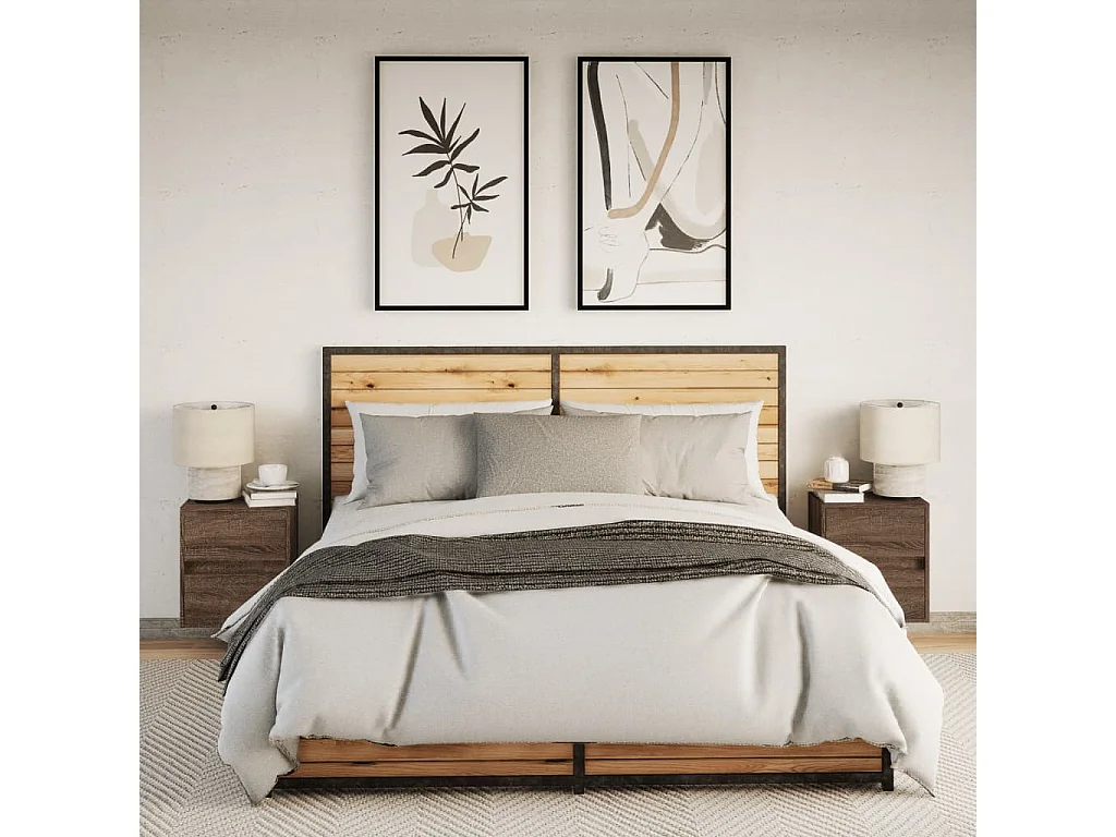 Nachttisch hängend 2er Set mit LED-Leuchten | Wand-Nachttische Braun Eichen-Optik SHL57890