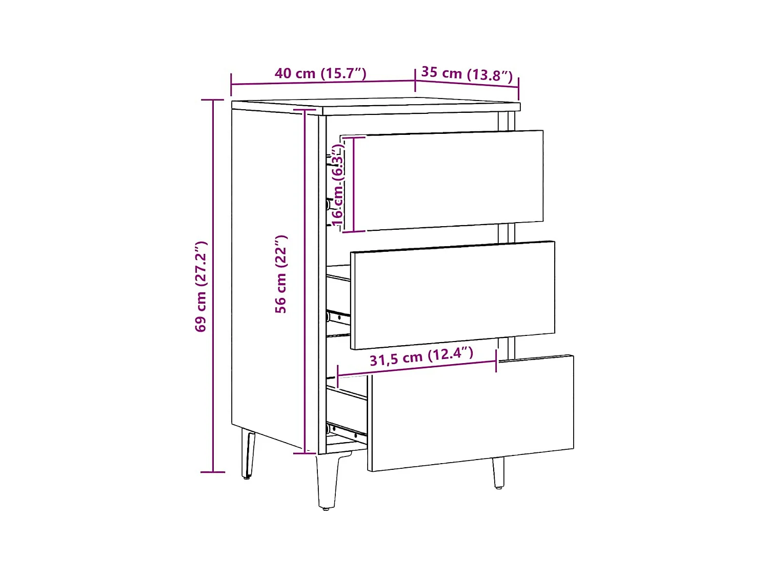 Table de chevet-Table d'appoint avec pieds en métal chêne artisanal 40x35x69 cm