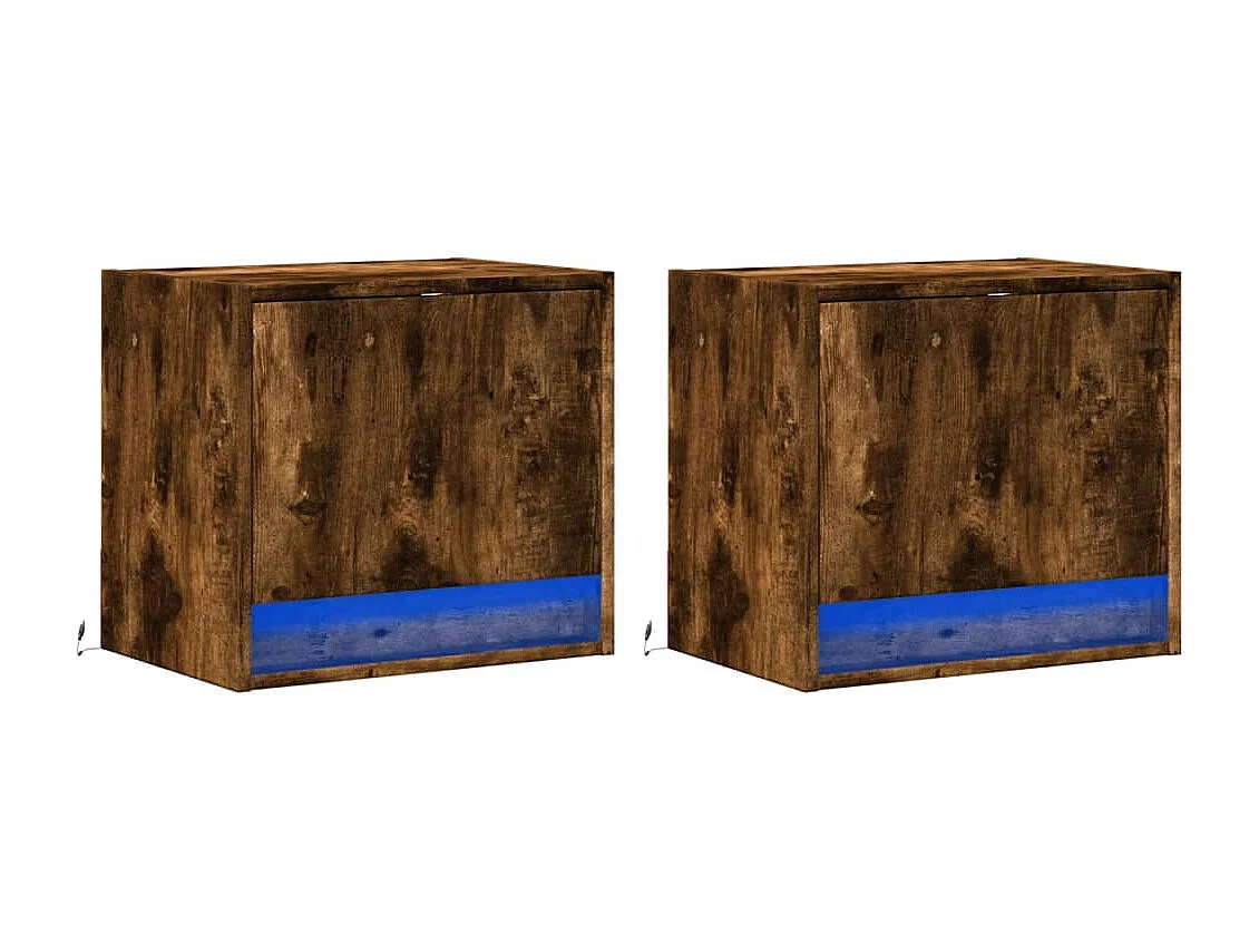 Mesitas de noche | Mesilla de noche de pared con luces LED 2 uds roble ahumado
