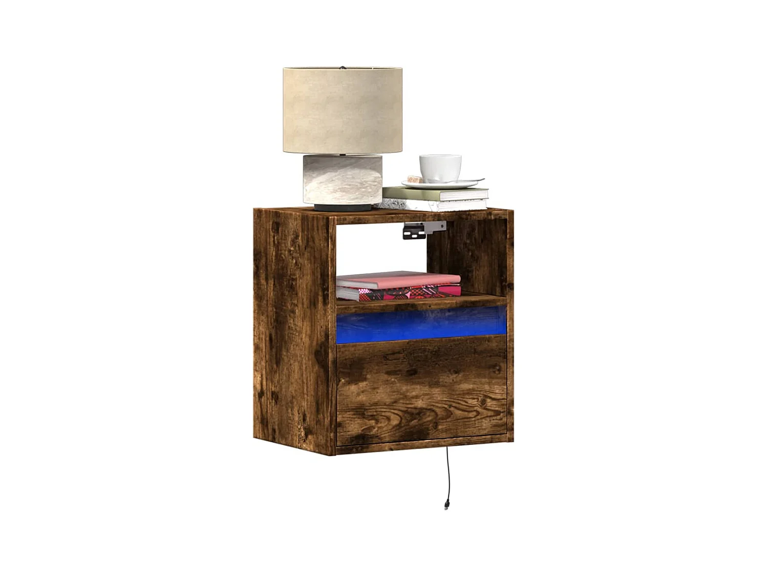 Mesitas de noche | Mesilla de noche de pared con luces LED 2 uds roble ahumado