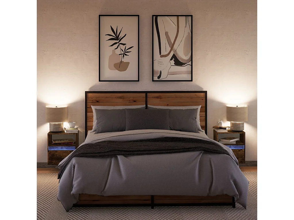 Nachttisch hängend 2er Set mit LED-Leuchten | Wand-Nachttische Räuchereiche SHL12972