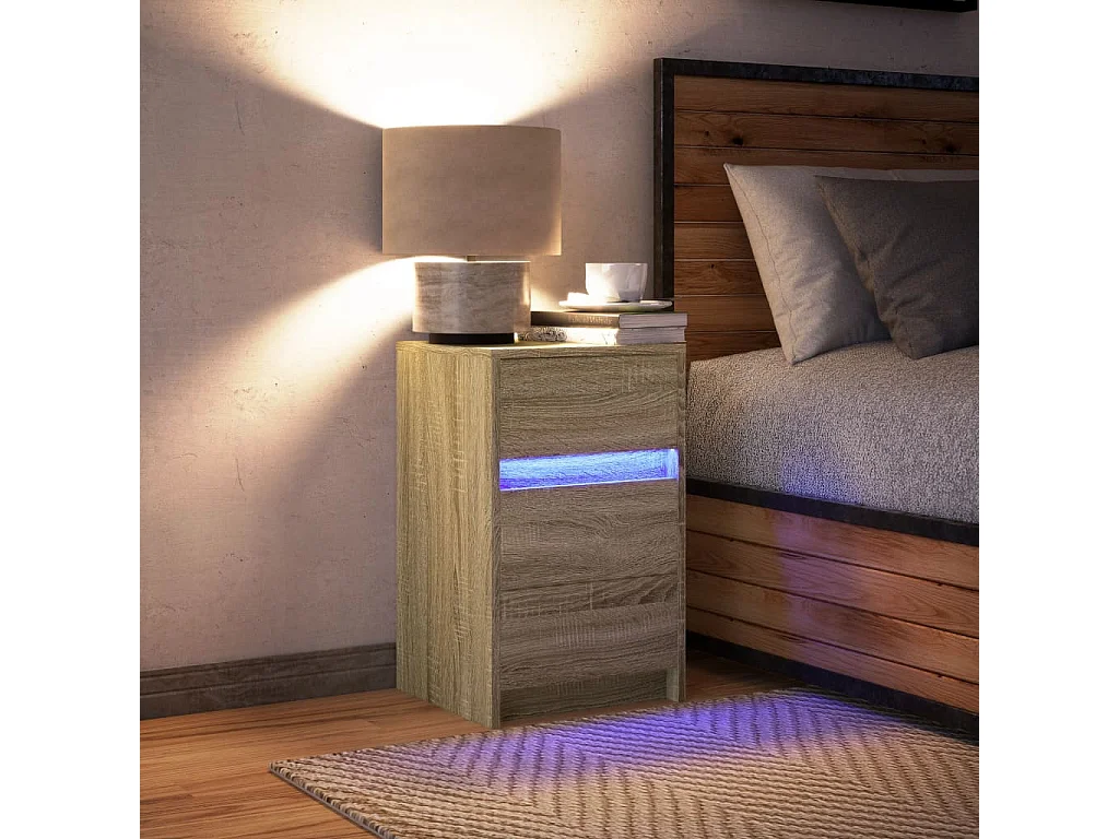 Mesita de noche | Mesilla de noche con luces LED madera de ingeniería roble Sonoma
