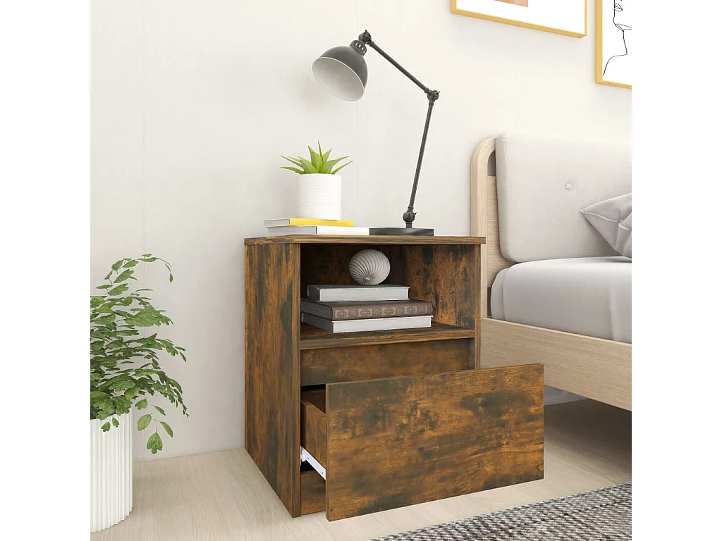 Nachttisch 2er Set-Beistelltisch-Nachttischkommode Räuchereiche 40x40x50 cm Holzwerkstoff SHL73079