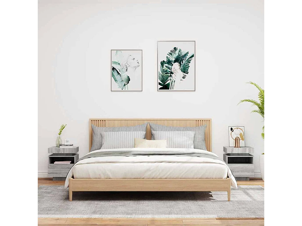 Nachttische mit LED-Leuchten 2er Set | Beistelltisch Grau Sonoma 40x39x48,5 cm SHL12104