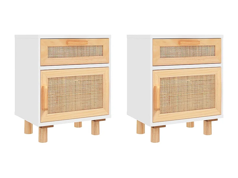 Tables de chevet-Tables d'appoint 2 pcs Blanc Bois de pin massif et rotin naturel