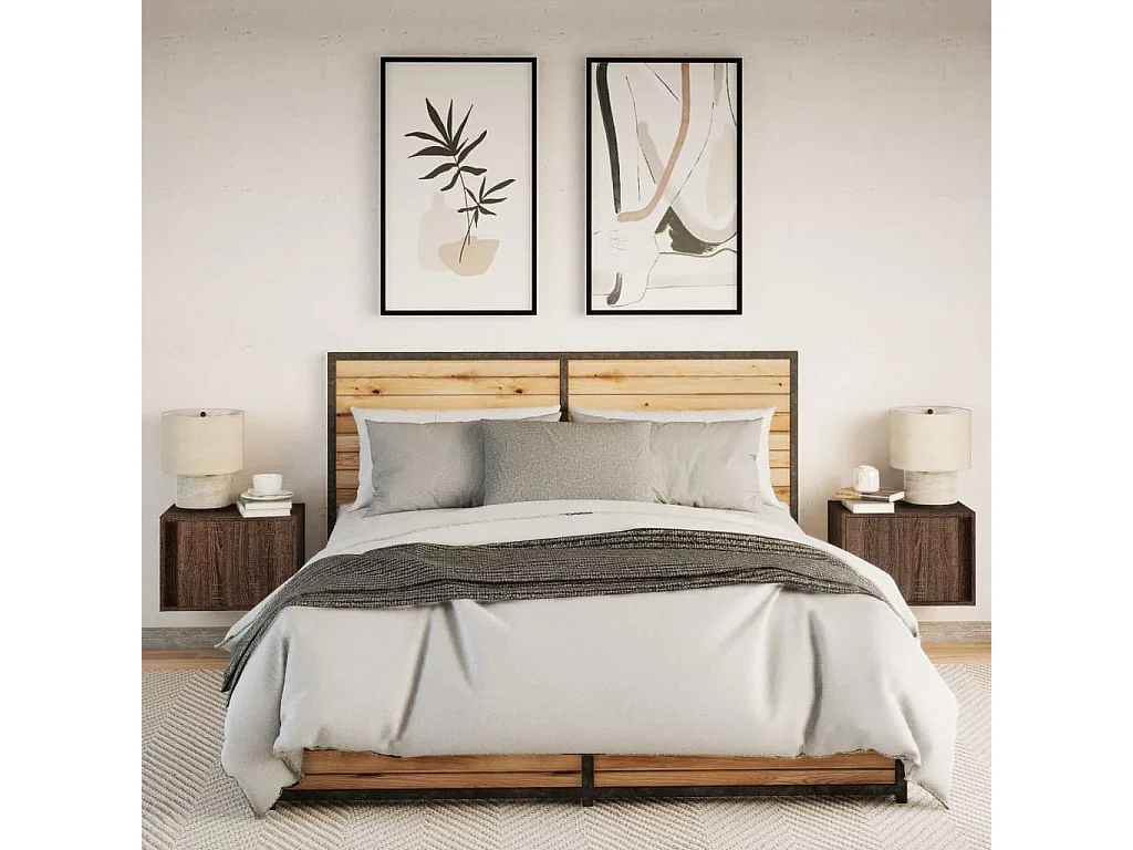 Nachttisch hängend 2er Set mit LED-Leuchten | Wand-Nachttische Braun Eichen-Optik SHL24756