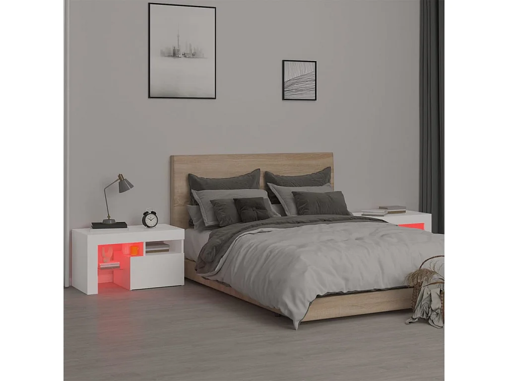 Nachttisch 2er Set-Beistelltisch-Nachttischkommode mit LED-Leuchten Weiß 70x36,5x40 cm SHL53525