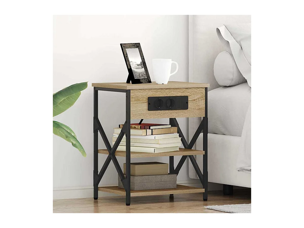 Mesita de Noche | Mesa auxiliar con Estación de Carga Roble Sonoma