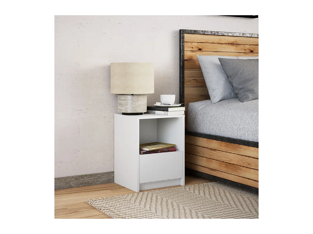 Mesita de noche | Mesilla de noche con luces LED madera de ingeniería blanca