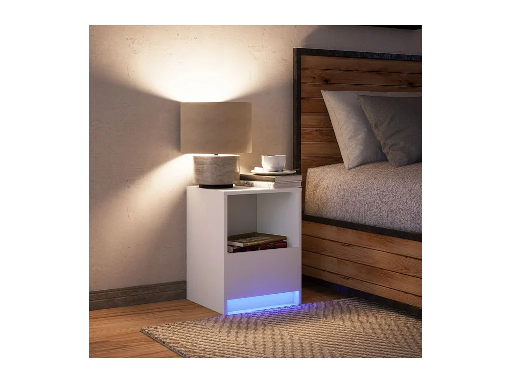 Mesita de noche | Mesilla de noche con luces LED madera de ingeniería blanca