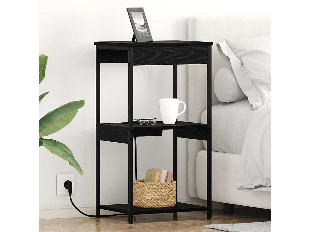 Mesita de Noche | Mesa auxiliar con Estación de Carga con estante Roble negro