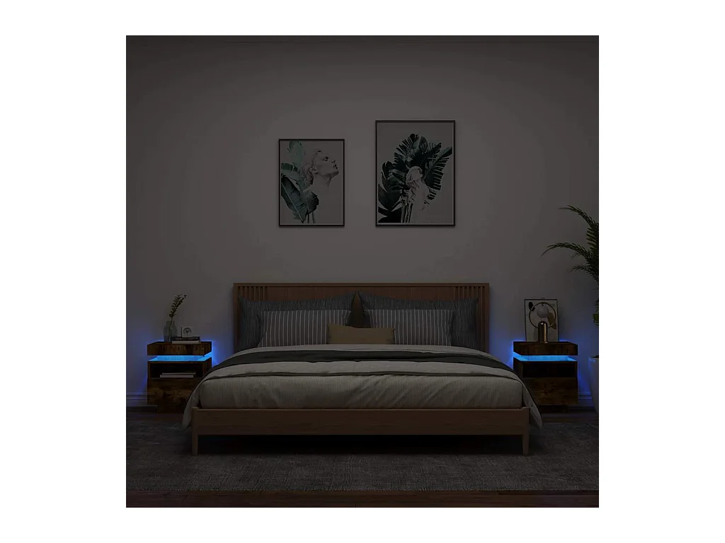 Pack 2 uds Mesitas de noche | Mesilla de noche con luces LED roble ahumado 40x39x48,5cm