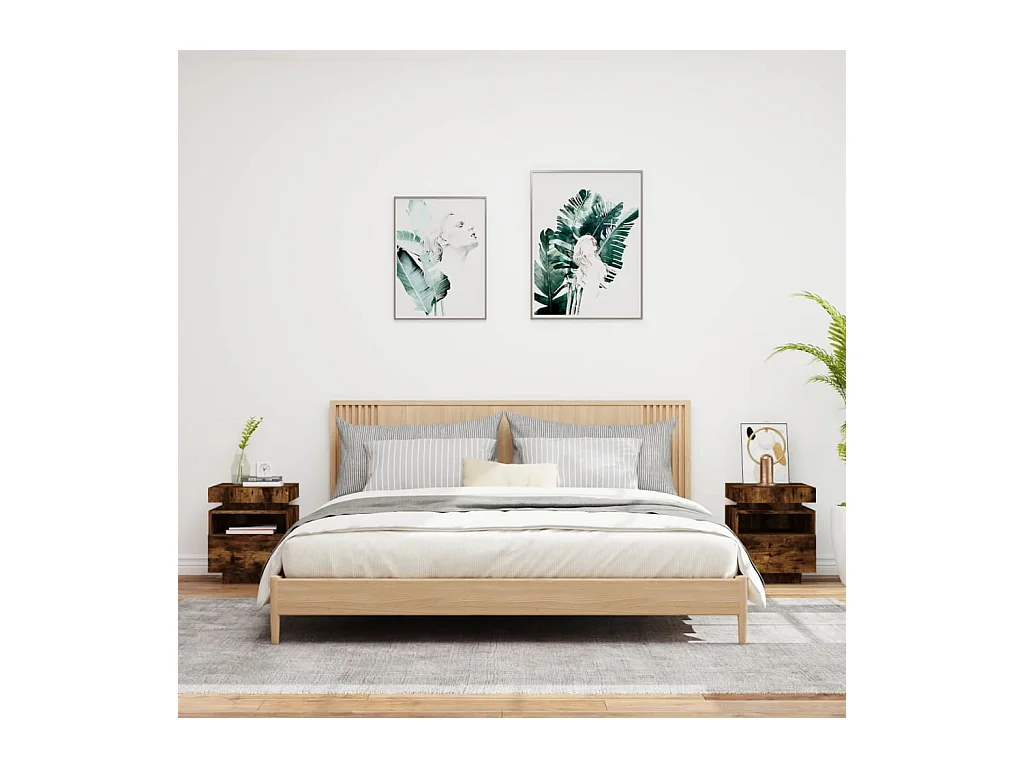Pack 2 uds Mesitas de noche | Mesilla de noche con luces LED roble ahumado 40x39x48,5cm