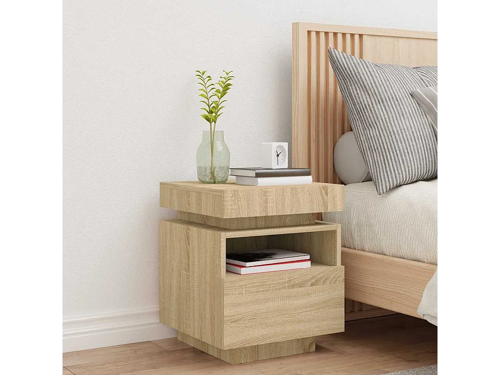 Nachttisch-Beistelltisch mit LED-Leuchten Sonoma-Eiche 40x39x48,5 cm SHL91327