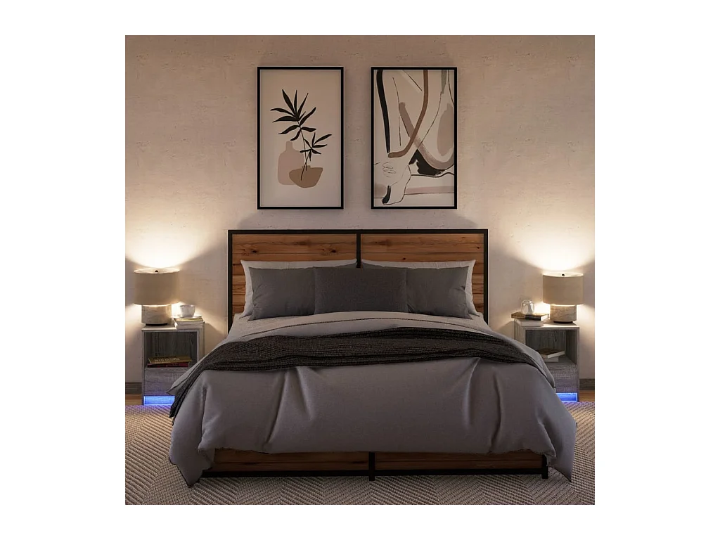 Mesitas de noche | Mesilla de noche luces LED 2 uds madera ingeniería gris Sonoma