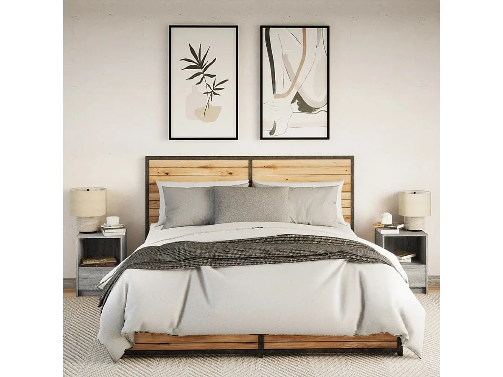 Nachttische mit LED-Leuchten 2er Set | Beistelltisch Grau Sonoma Holzwerkstoff SHL9148