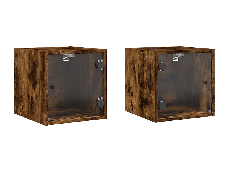 Mesitas de noche | Mesilla de noche puertas de vidrio 2 uds roble ahumado 35x37x35 cm